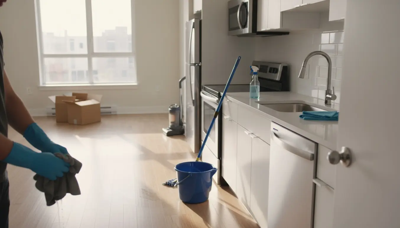 En rengøringsperson uden synligt ansigt vasker og pudser en ryddet lejlighed klar til fraflytning.