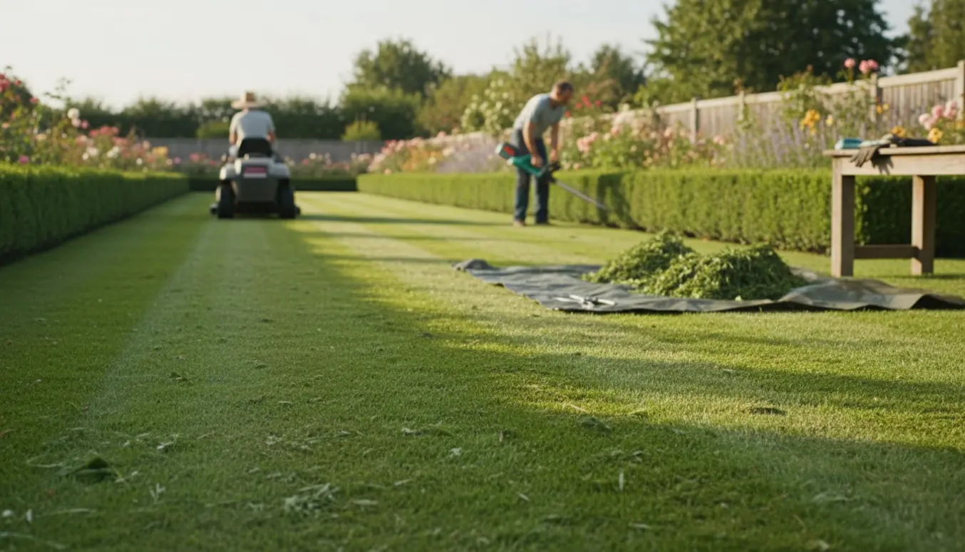 Personer slår græs og klipper buske i en stor privat have, set bagfra.