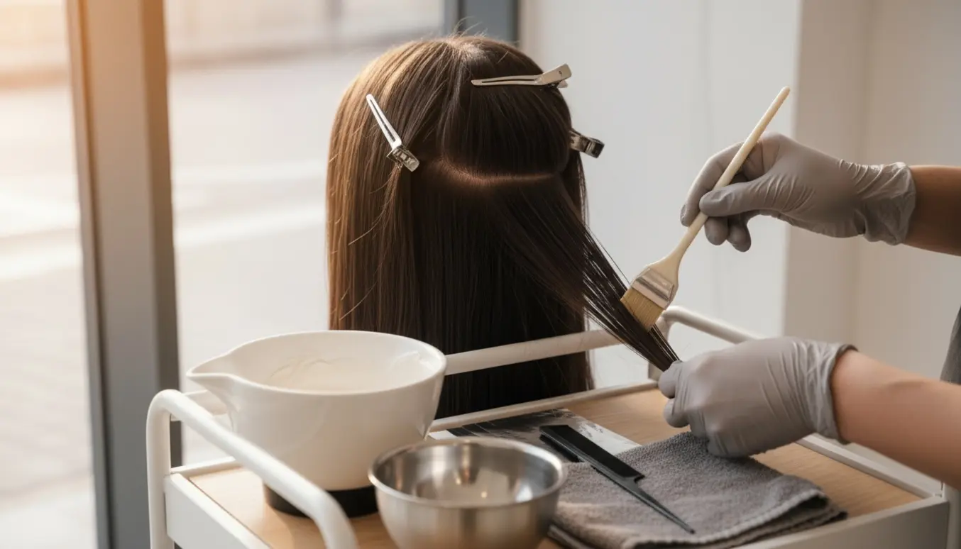 Nærbillede af en stylist, der laver fine babylights i mørkebrunt hår med cirka 5 cm udgroning.