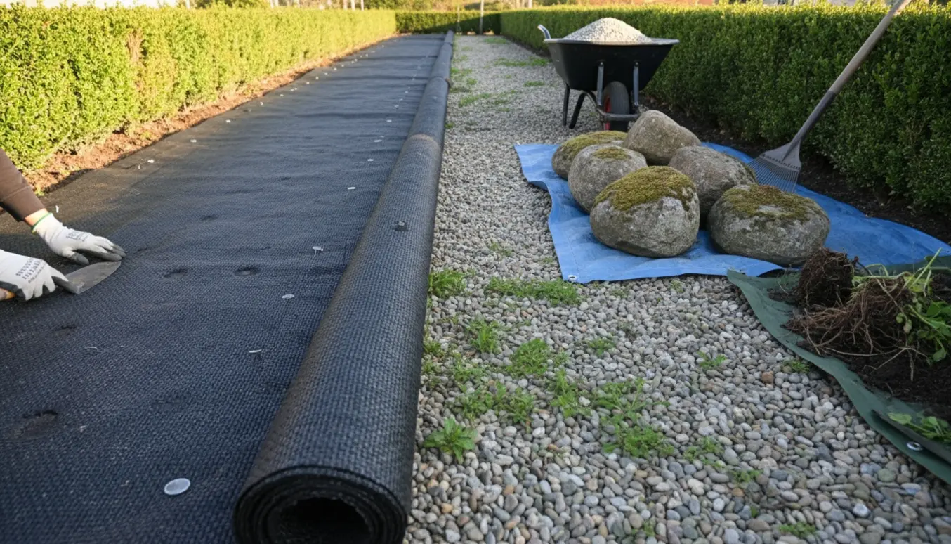 Langt smalt bed under renovering med lagt ukrudtsdug, nye ærtesten og fem store sten stablet til siden.