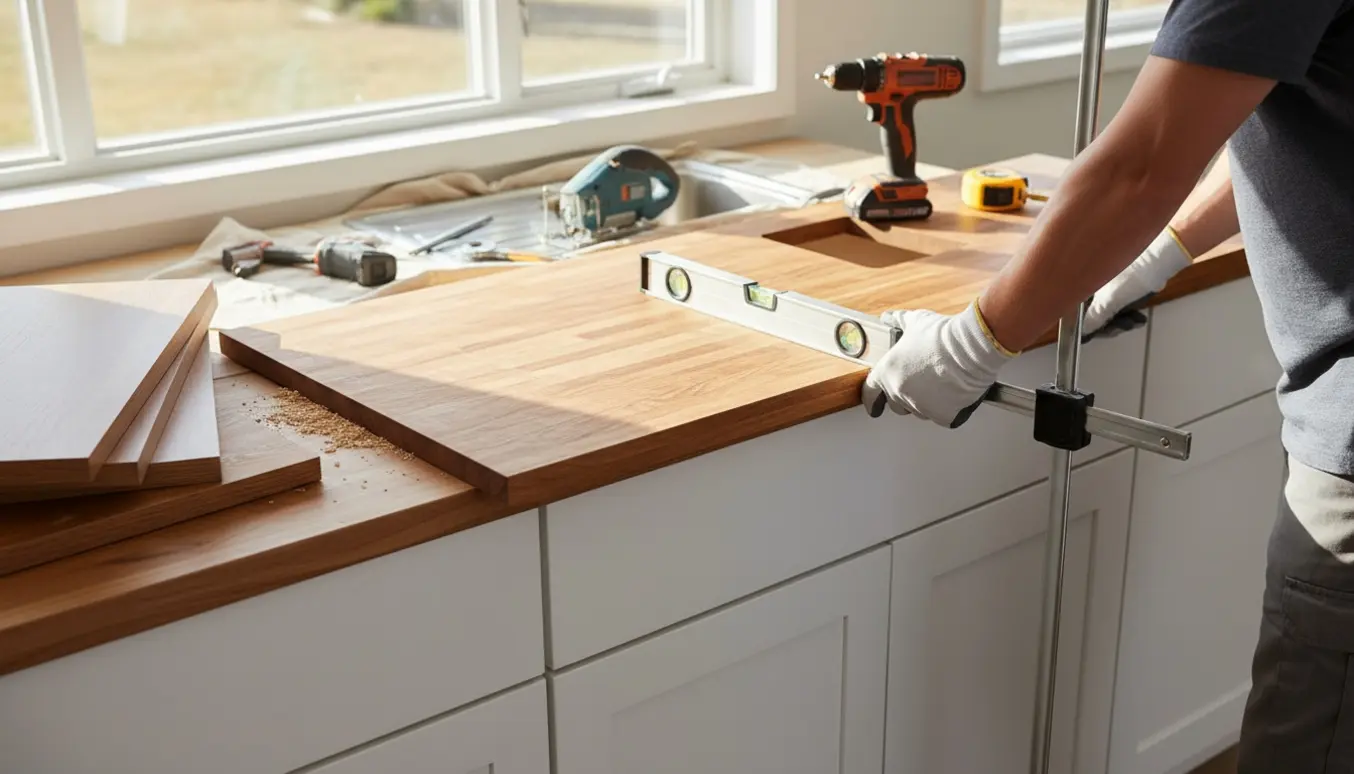 Nærbillede af udskiftning af bordplade i et lyst køkken med handsker, værktøj og ny træbordplade under montering.