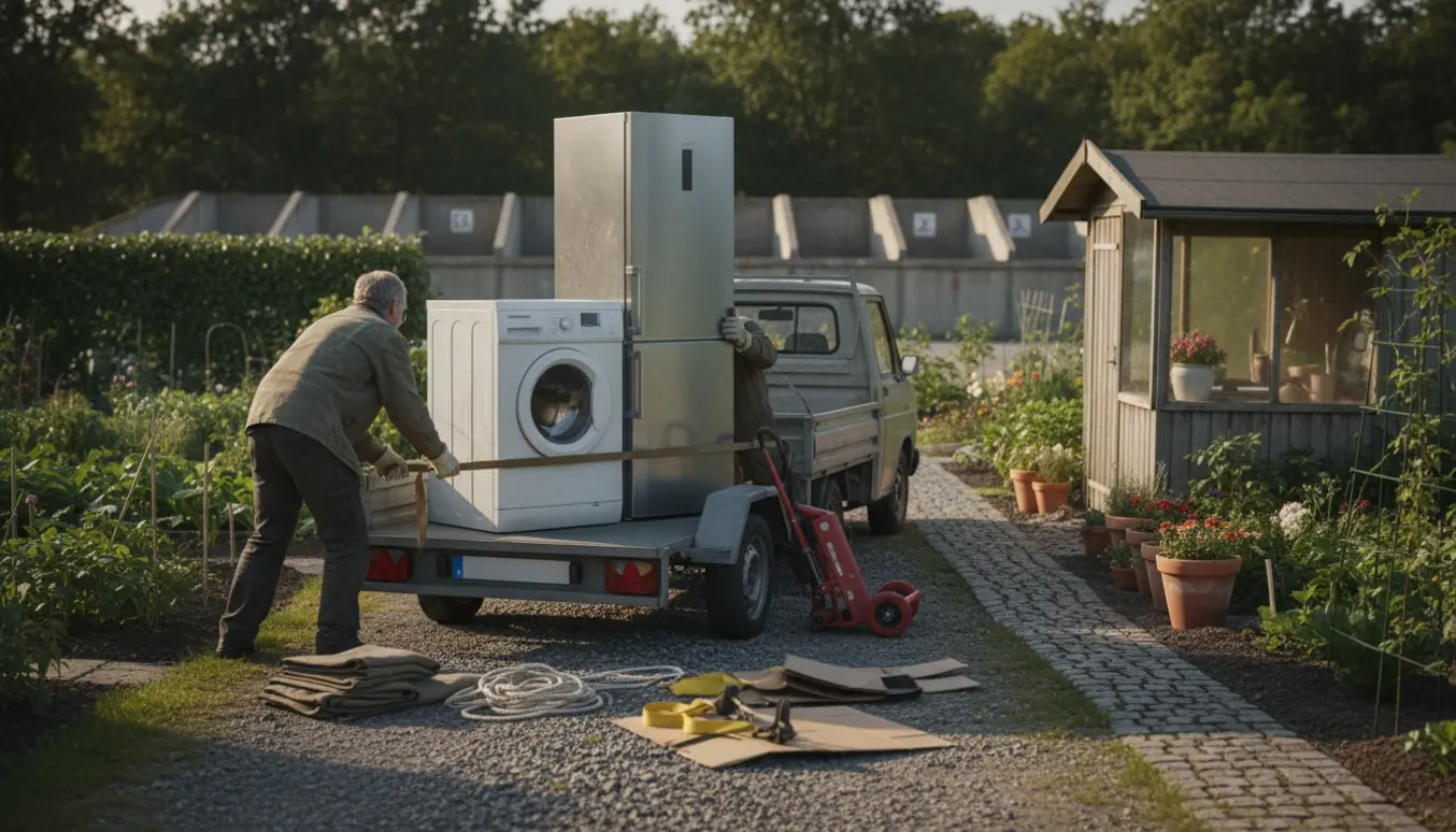 Vaskemaskine og køleskab læsses på trailer i en kolonihave klar til aflevering på genbrugsstation.