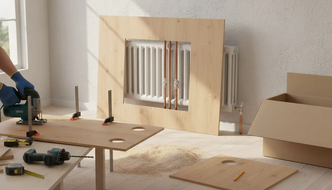 To skabspaneler ved en radiator med udskårne huller og værktøj i naturligt lys.