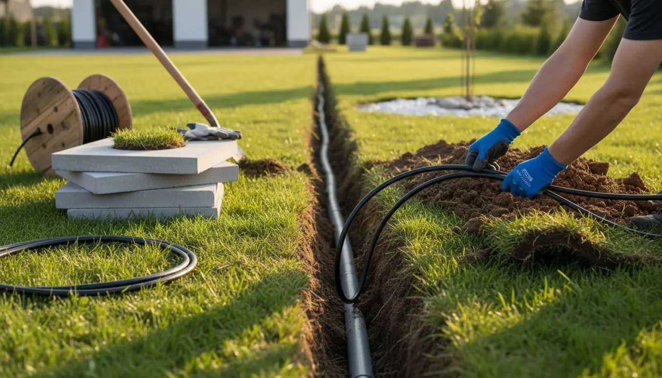 Nedgravet rende med elkabel og PVC-rør fra hus til garage med fliser og græstørv lagt til side.
