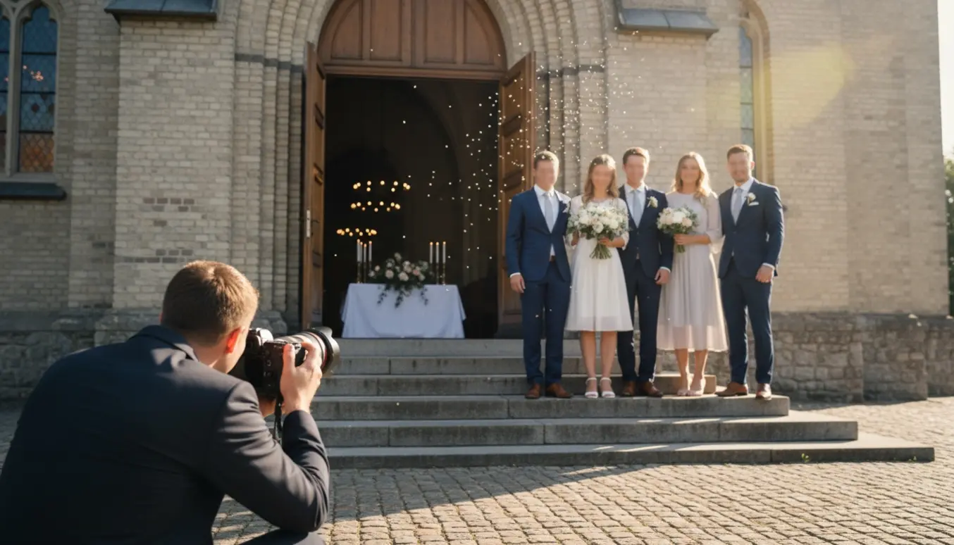 Fotograf fotografere gæster ved kirketrappen til en konfirmation med festivalelementer i blød baggrund.