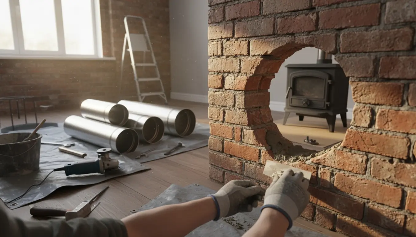 Handskerede hænder glatter frisk mørtel i et hul i murværket efter nedtagning af stålskorsten, med afmonterede skorstensektioner og brændeovn i baggrunden.