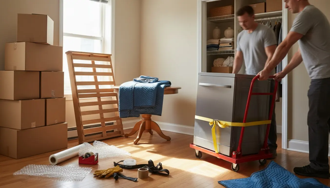 Flyttescene i lejlighed med stabler af flyttekasser, sengedel og en opvaskemaskine på en flyttevogn.