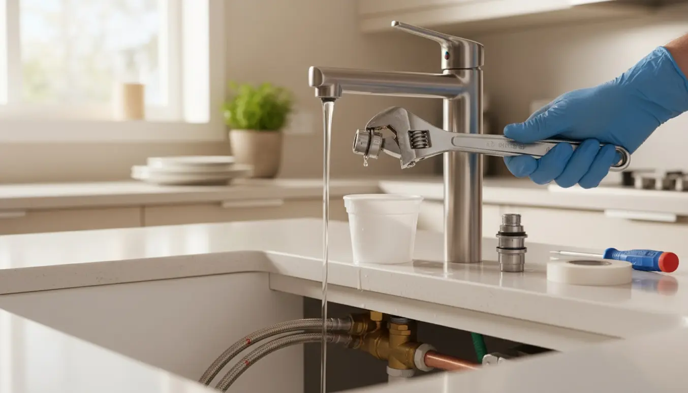 Køkkenarmatur med svag varm vandstrøm, en hånd med skruenøgle arbejder ved rørene under vasken.