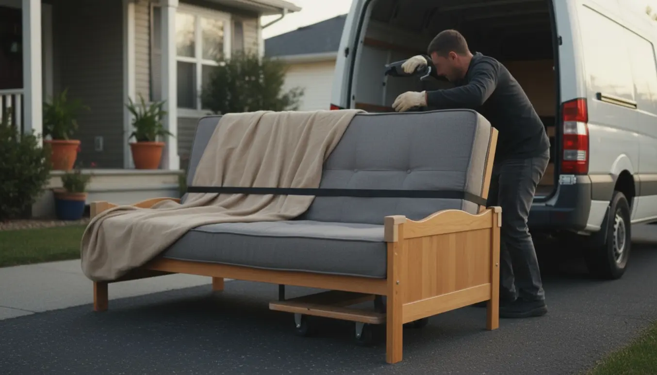 Daybed og futon med madras læsses i en varevogn til afhentning, flyttere ses bagfra med handsker og stropper.