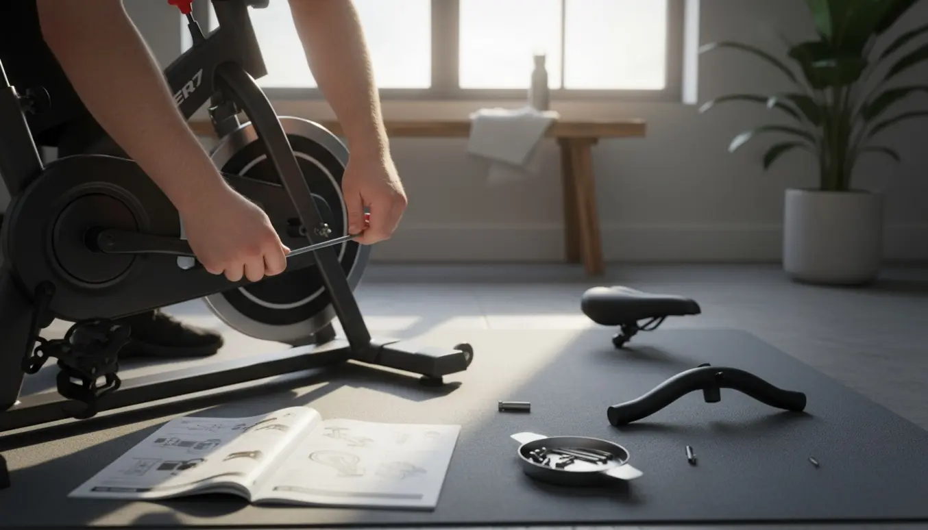 Nærbillede af hænder, der samler en spinningcykel med værktøj og brugsanvisning i et lyst hjemmefitnessrum.