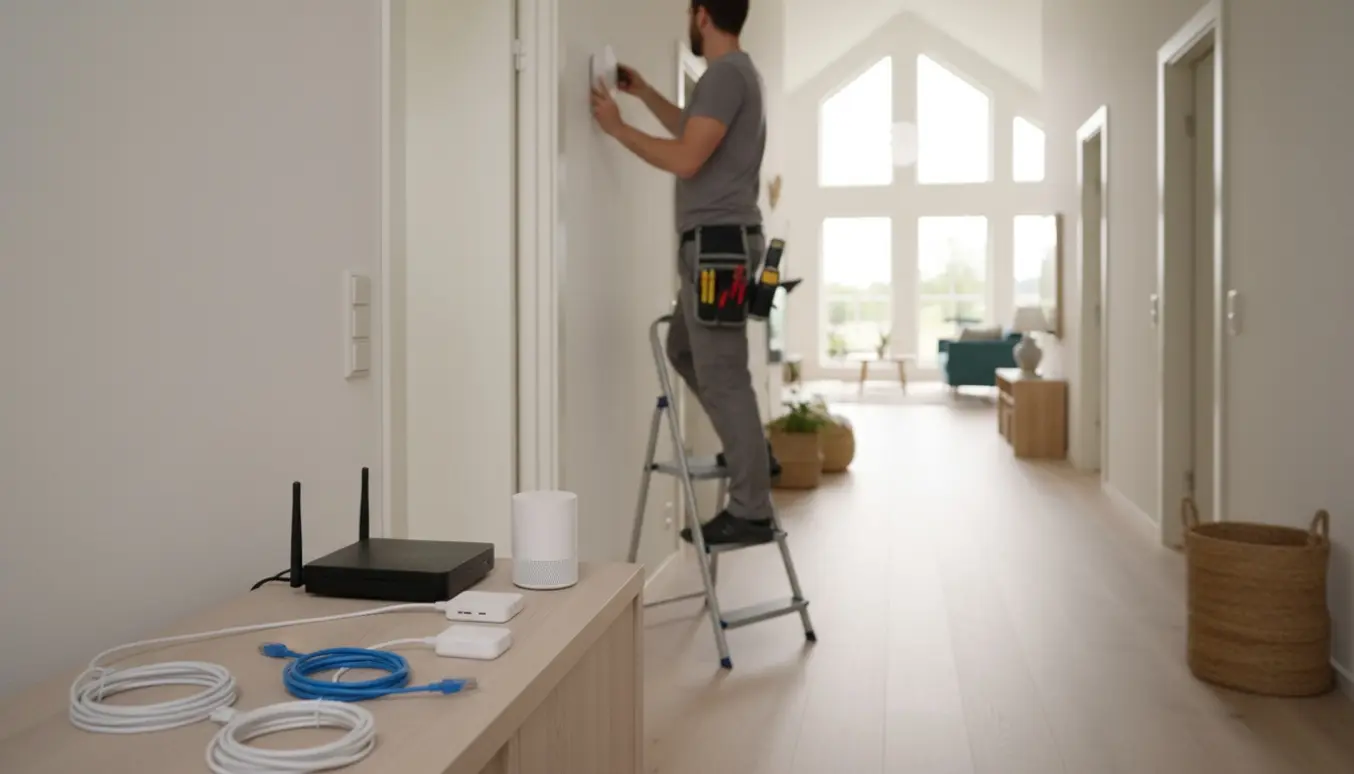 Tekniker monterer en mesh‑WiFi‑enhed i en lang bolig for at forbedre trådløs dækning.