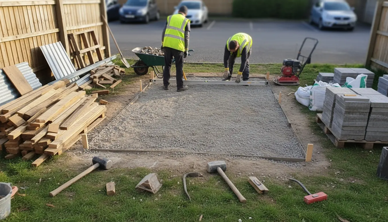 Rydning af hegn og skur med markeret arbejdsområde, bunker af fliser og værktøj klar til belægning.