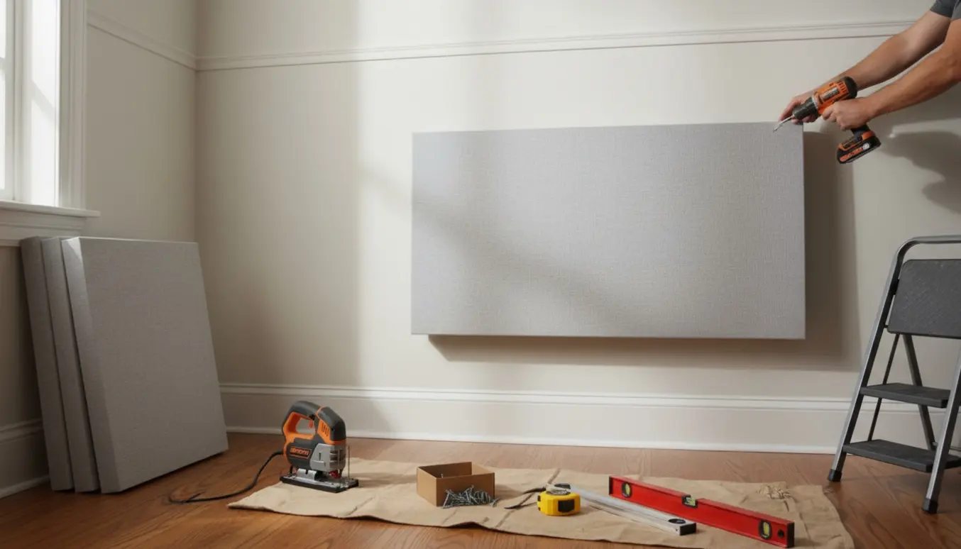 Akustikpanel bliver monteret på en gipsvæg i en lejlighed med værktøj og paneler klar.