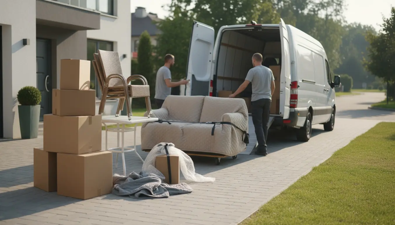 Flyttevogn og stabler af flyttekasser, møbler og havemøbler bliver læsset i en indkørsel på en solrig dag.