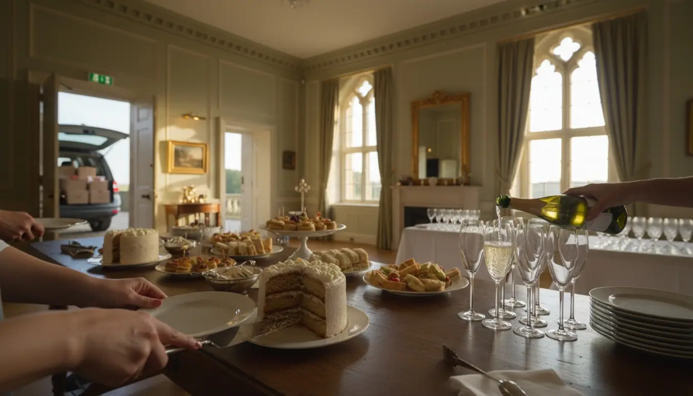 Nærbillede af hænder, der anretter kage, snacks og skænker bobler i en elegant receptionssal ved Frederiksberg Slot.