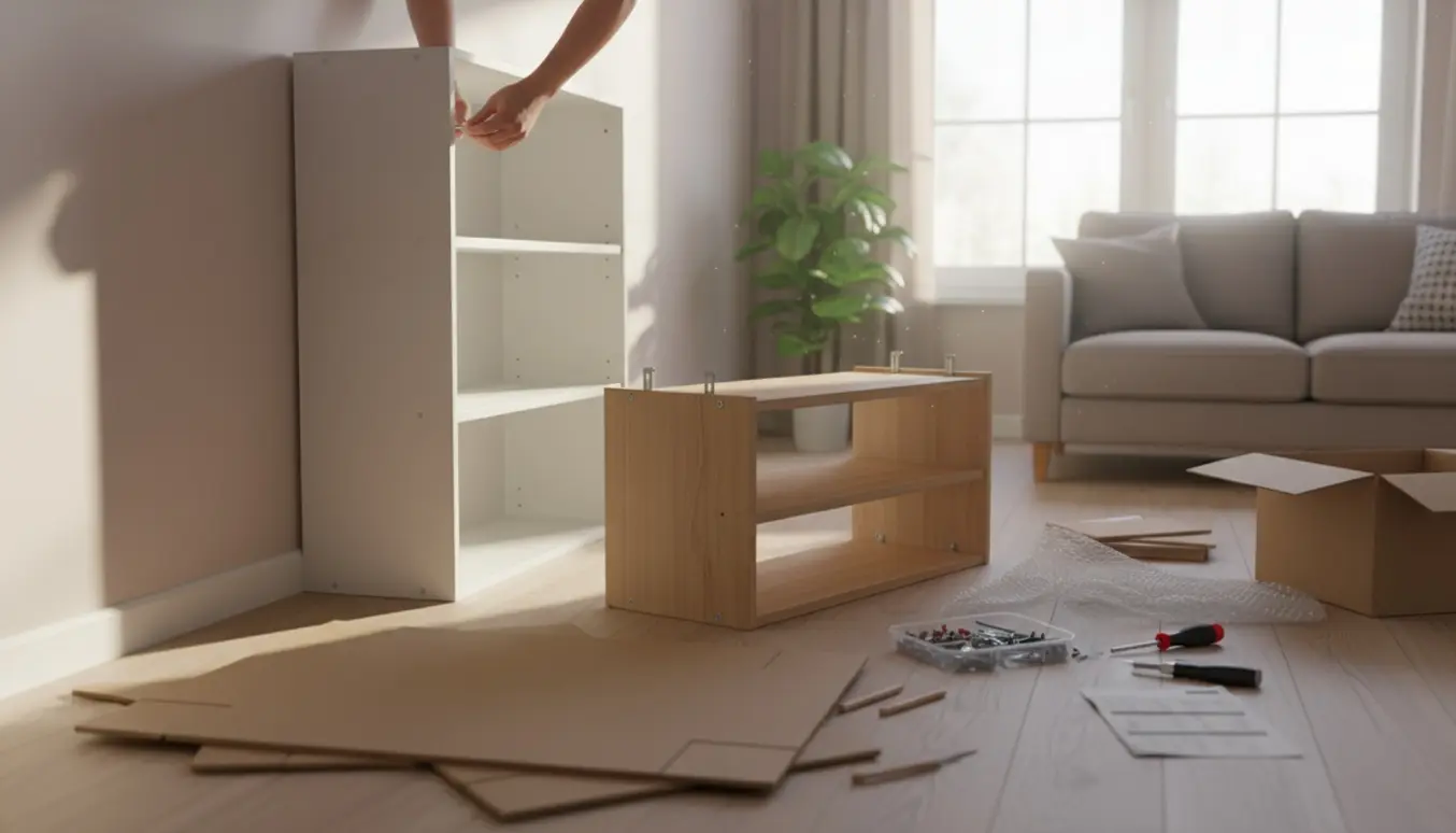 Hænder samler flade pakkemøbler i en lys stue med hyldepaneler, skruer og værktøj på trægulvet.