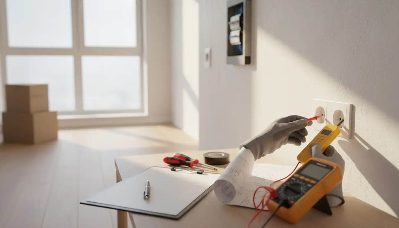 Hænder tester en stikkontakt i en sollys, tom lejlighed med multimeter og tjekliste ved overtagelse.