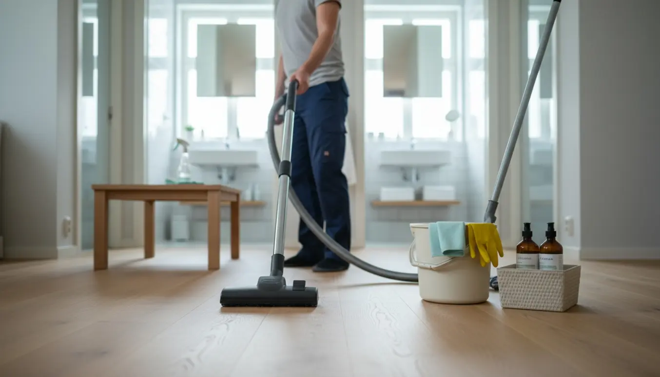 Rengøringsassistent uden synligt ansigt støvsuger en lys lejlighed med moppe og skinnende badeværelser i baggrunden.