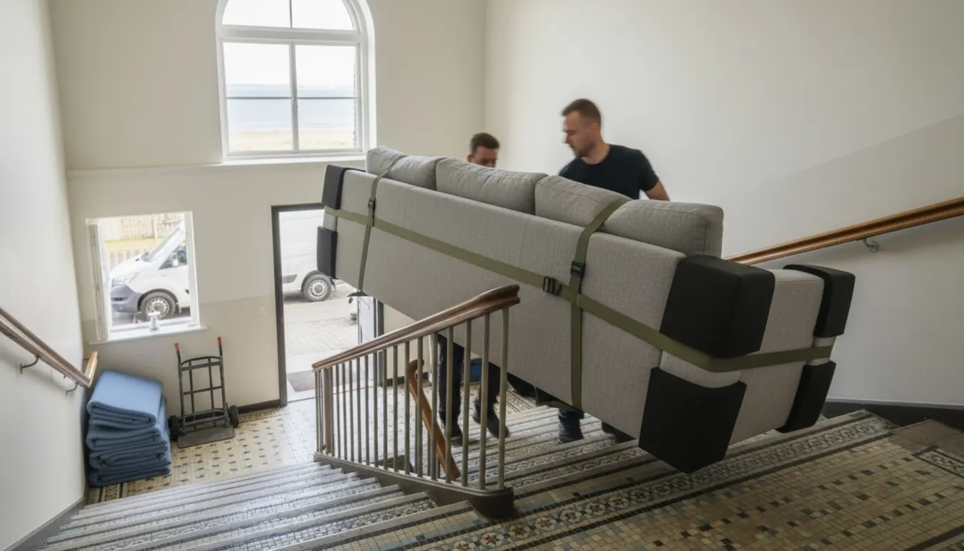 To flyttesofa på 2,42 m bæres op ad en klassisk trappe i Frederiksberg, pakket i flyttetæpper og beskyttelse.