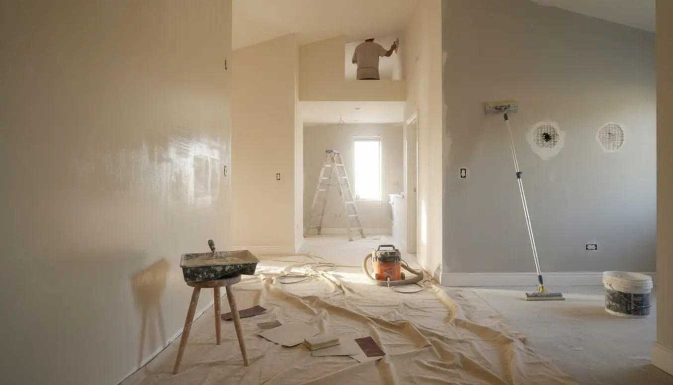 Lys lejlighed med spartlede og slebne vægge og loft, håndværktøj og afdækning klar til maling.