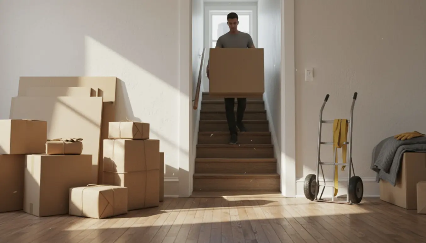 Tunge flade møbelkasser bæres op ad en lejlighedstrappe med håndvogn og arbejdshandsker synlige.