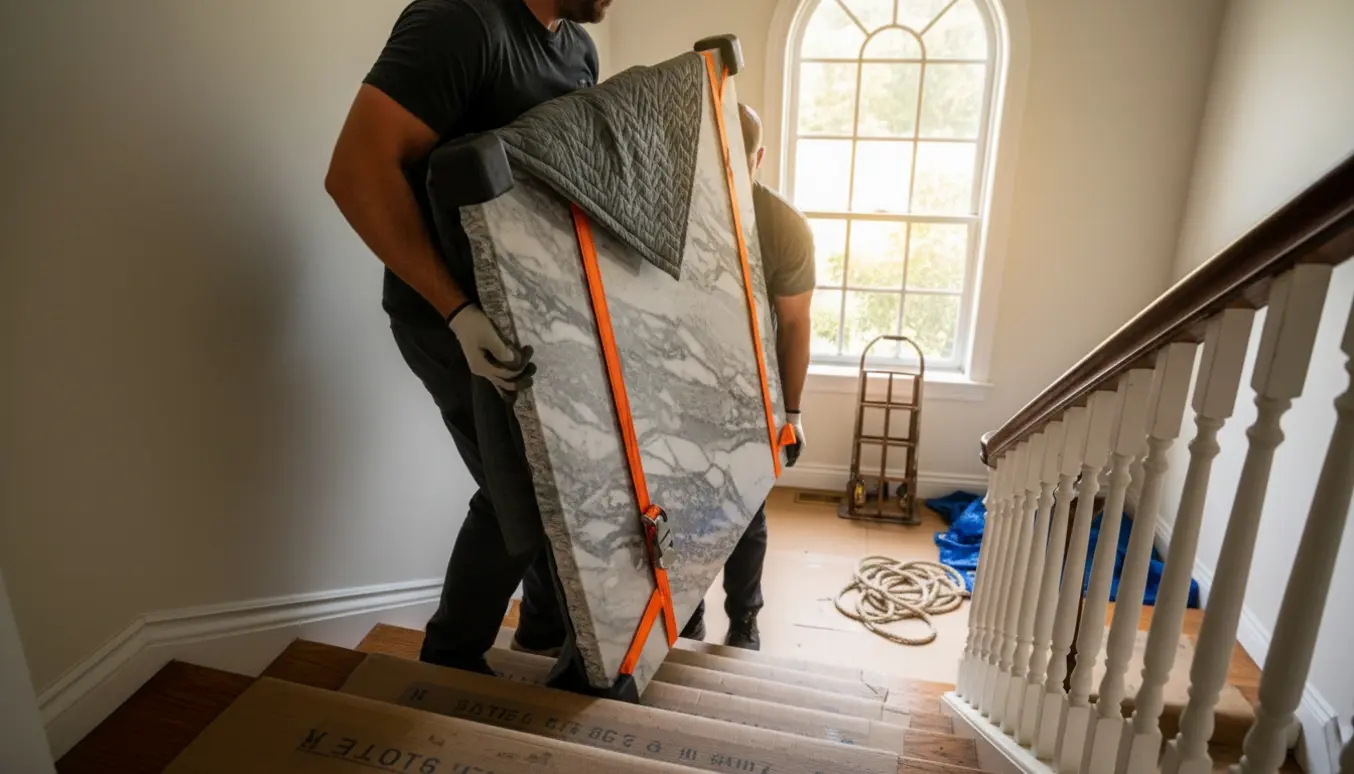 To mænd løfter en tung stenbordplade op ad en smal opgang, indpakket i flyttetæpper og sikret med stropper.