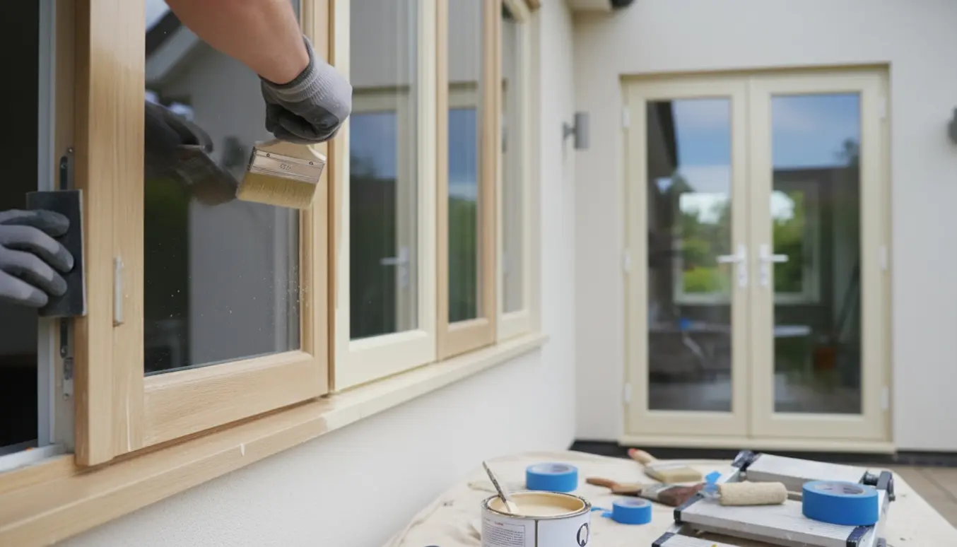 Slibning og nymaling af vinduer, terrassedøre og en indgangsdør med malerværktøj og afdækning.