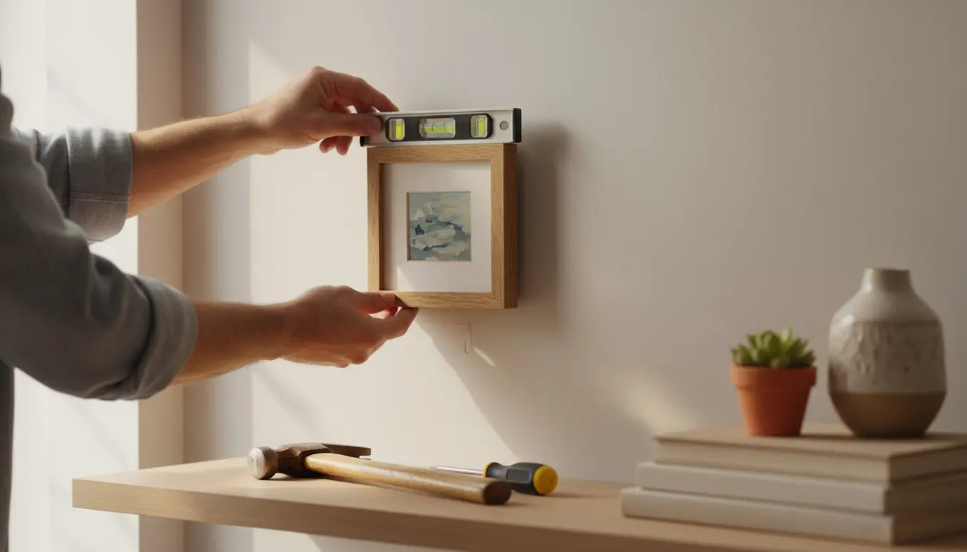 Et par hænder hænger et lille indrammet billede på en neutral væg med vaterpas og værktøj tæt ved.