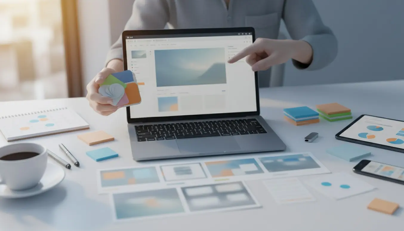 Hænder ved en laptop med e-mailskabeloner, farvekodede kort til segmentering og tablet med diagrammer.