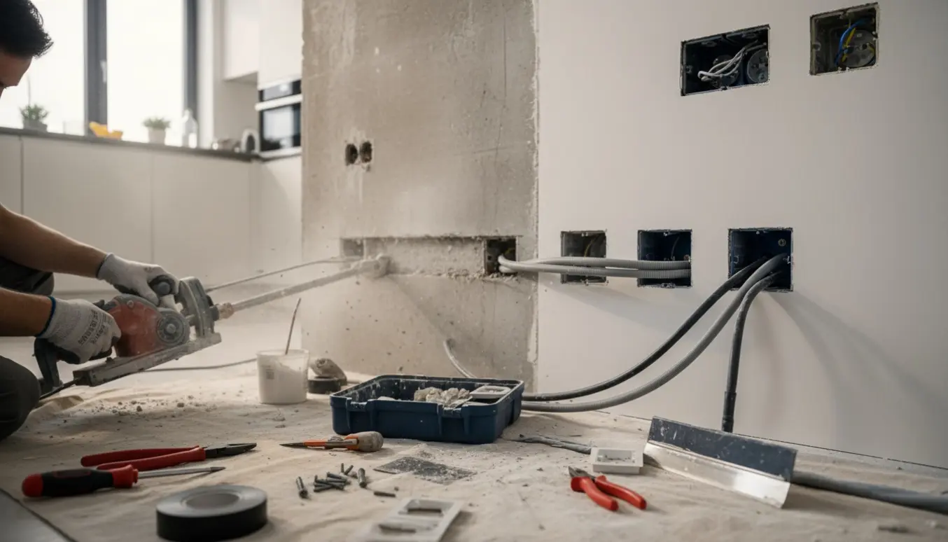 Nærbillede af elektrikerhænders arbejde med at flytte og installere elkontakter i beton- og gipsvæg med kabelriller og værktøj.