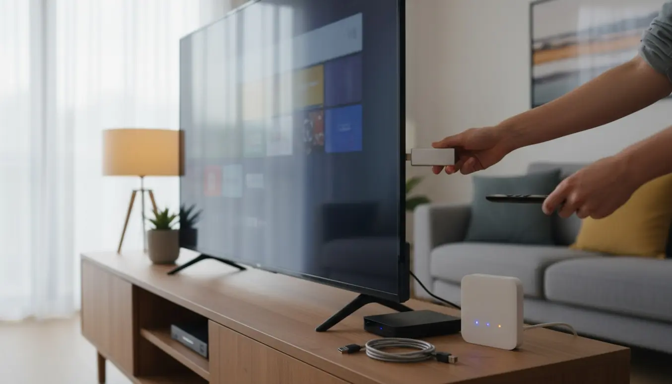 Hænder forbinder en ekstern harddisk til et fladskærms-tv, mens kanaler indstilles.