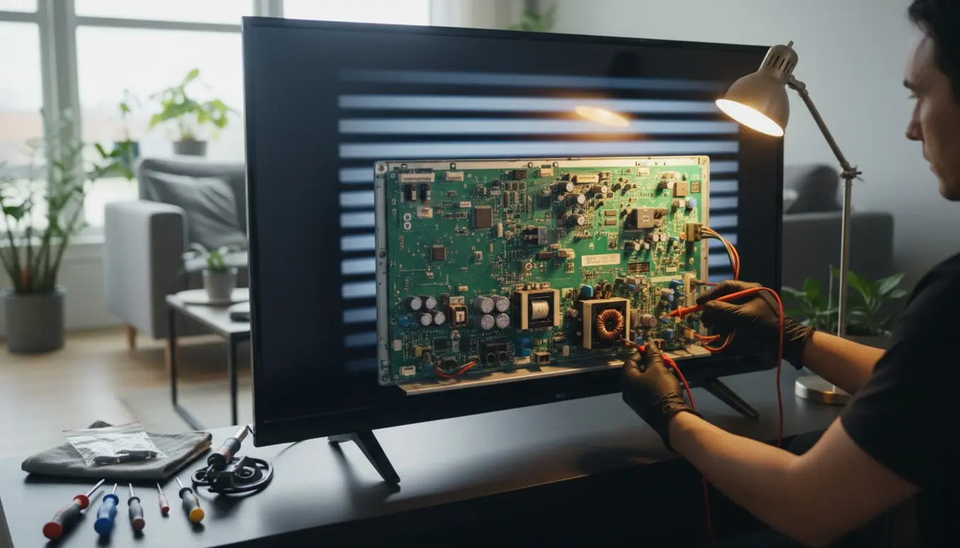 Tekniker tester strømforsyningen i et fladskærms-tv med åbent bagpanel og værktøj på et mediebord.