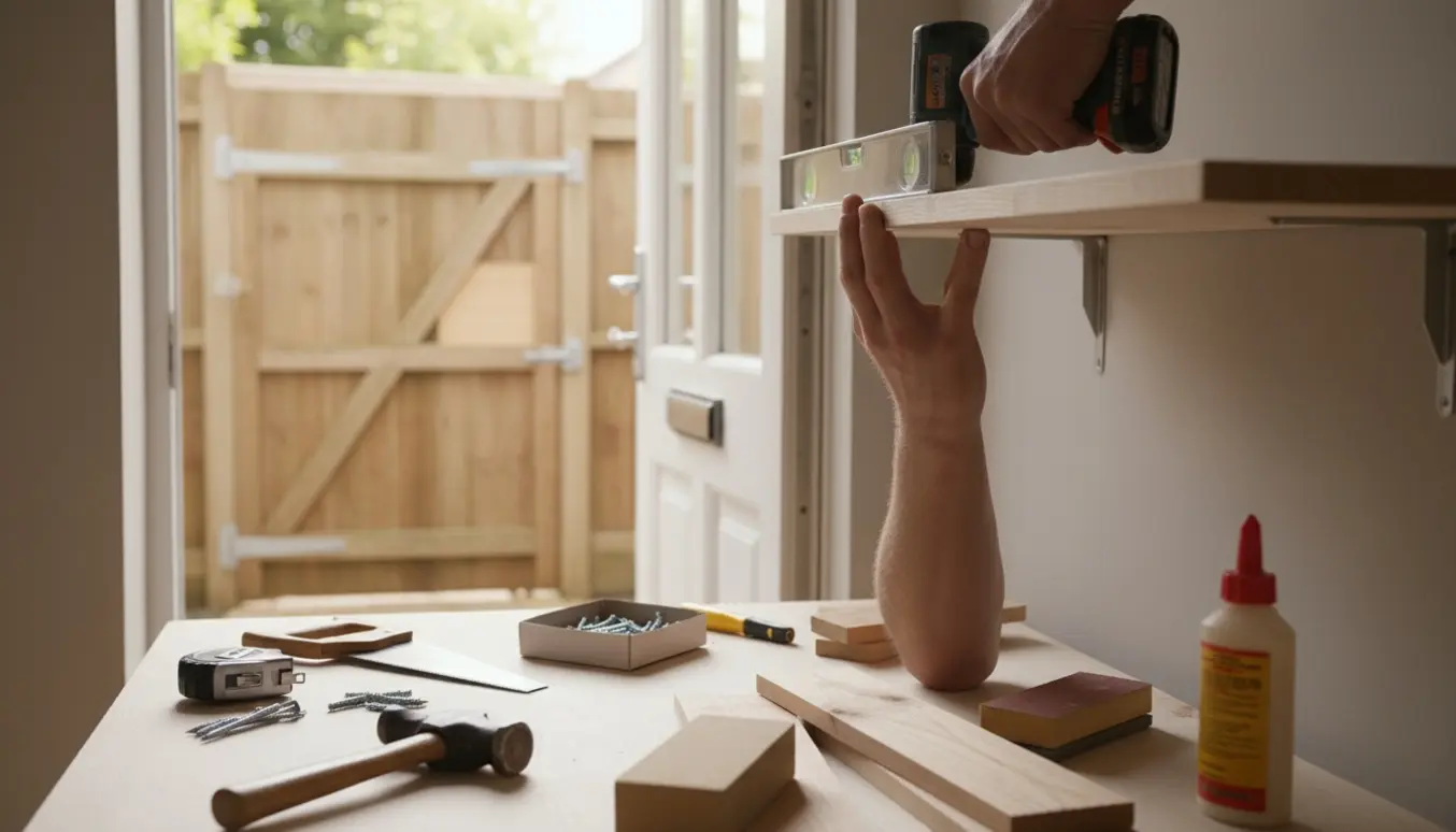 Hænder monterer en træhylde indendørs med værktøj og en havelåge under reparation i baggrunden.