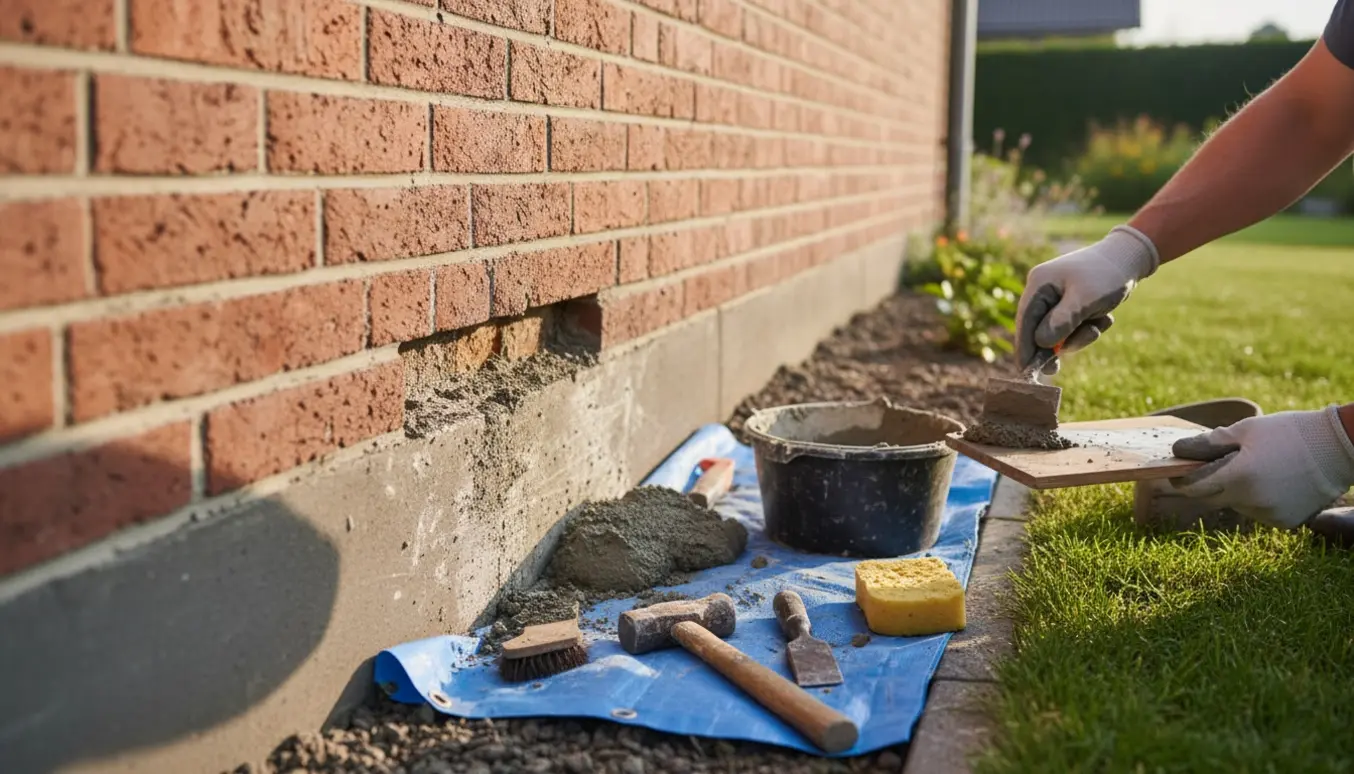 Nærbillede af sokkelreparation på et ældre murstenshus med handsker, mørtel og murerske.
