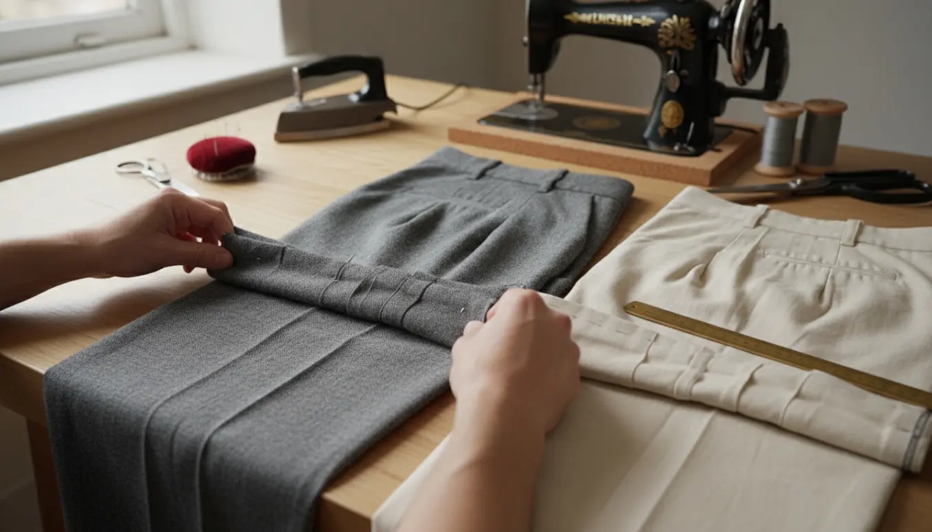 Hænder folder og nåler to par stofbukseben på et arbejdsbord med symaskine og strygejern.