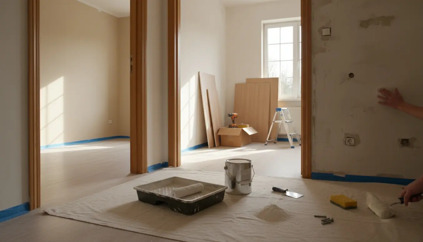 To værelser i gang med malerarbejde set gennem en åben dør med maleredskaber, afdækning og afmonteret garderobe.