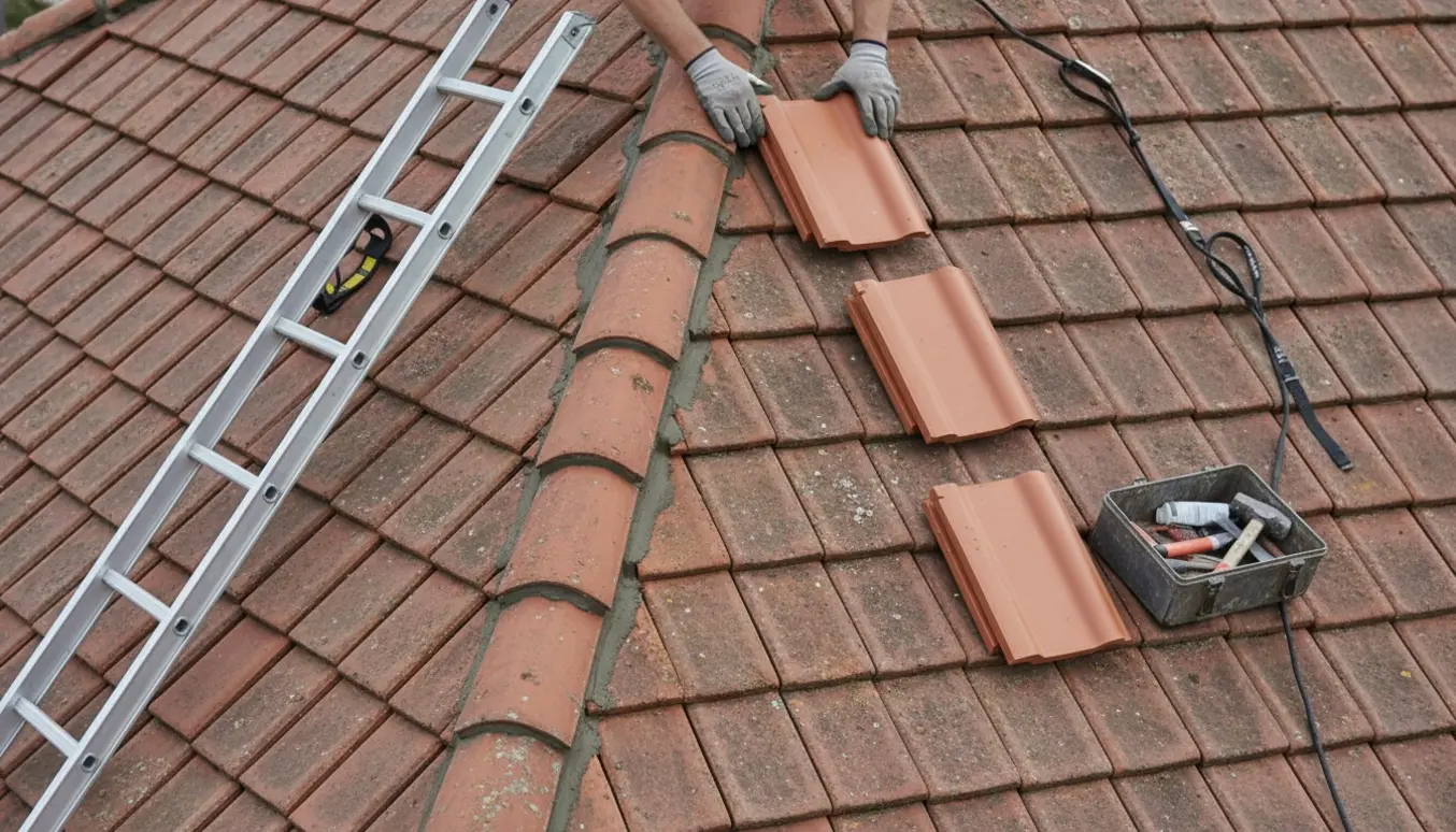 Nye terracotta tagsten monteres på den øverste tagryg på et 1,5-plans hus med tagstige og værktøj.