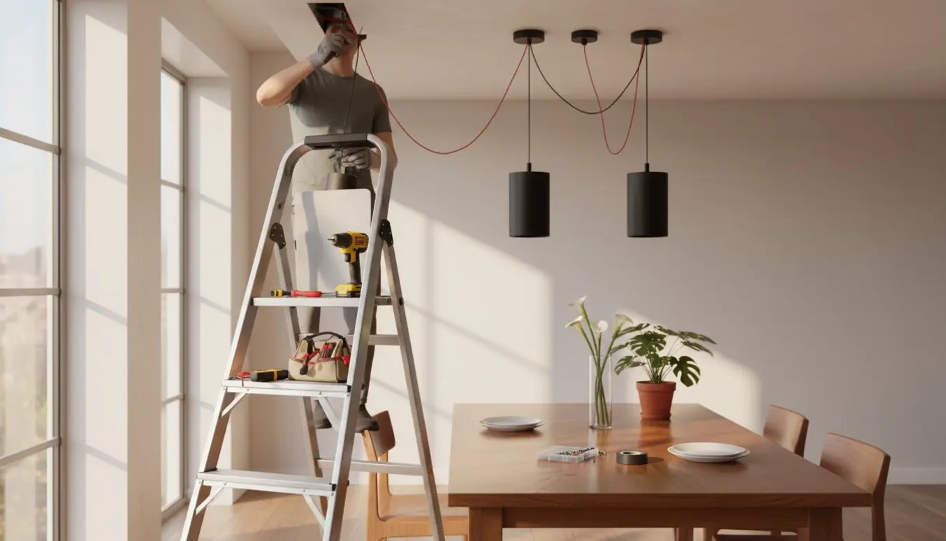 To loftslamper installeres over et spisebord med stige, værktøj og arbejdshænder i fokus.