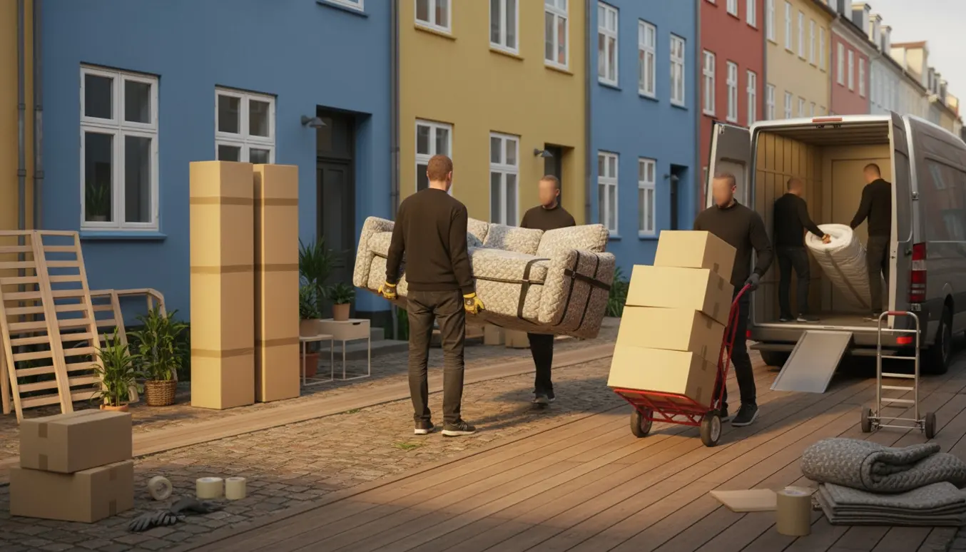 To hjælpere bærer en indpakket sofa og flyttekasser ind i en stuelejlighed på en lys flyttedag.