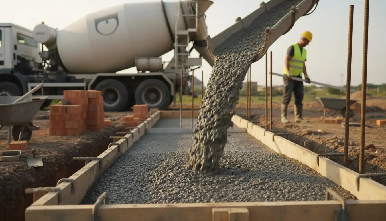 Grovbeton hældes fra en betonbil ned i et opgravet fundamenthul med forskalling, armering og byggerværktøj.