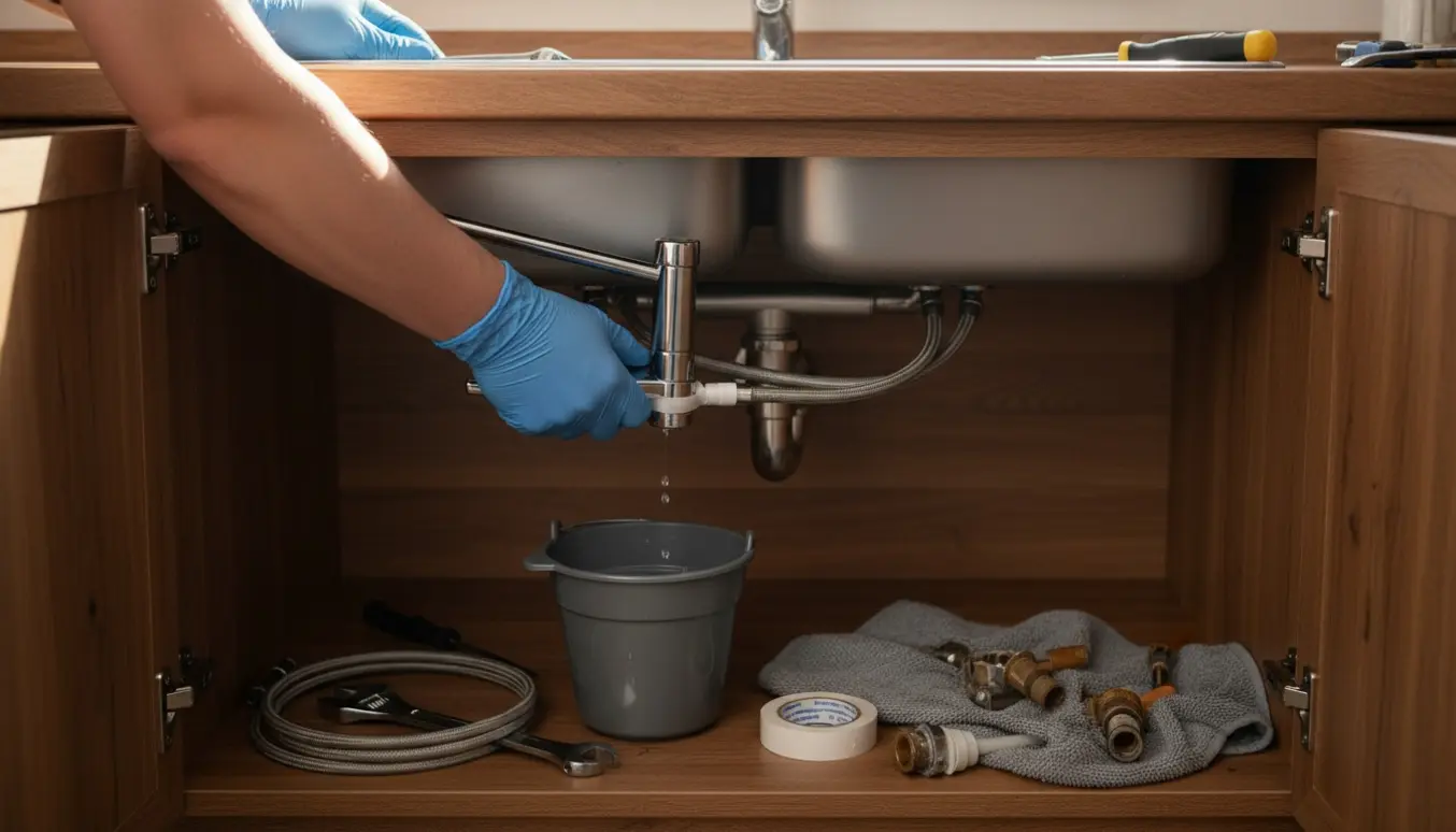 Hænder installerer en ny spulehane under et åbent køkkenskab med værktøj og reservedele på bordet.
