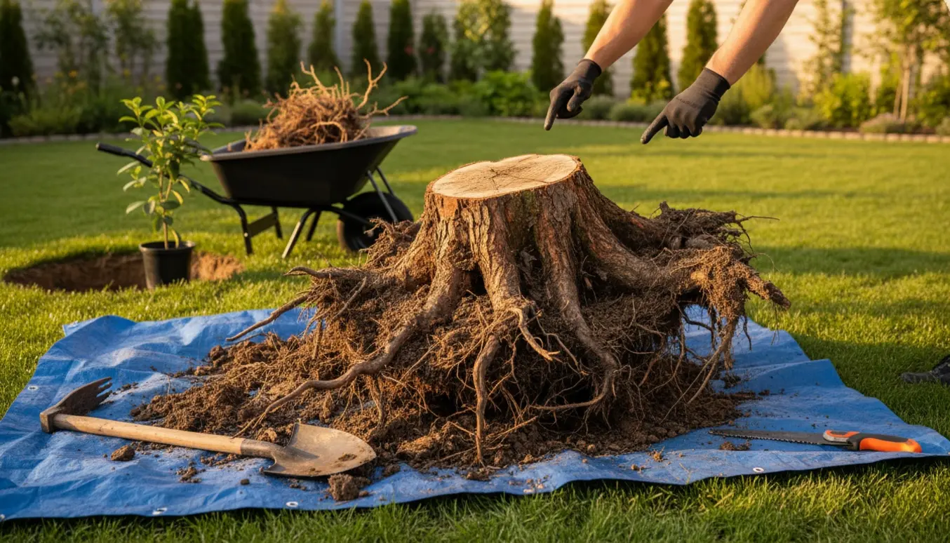 Ugravet trærod og stød i en have med haveredskaber og en ung plante klar til genplantning.
