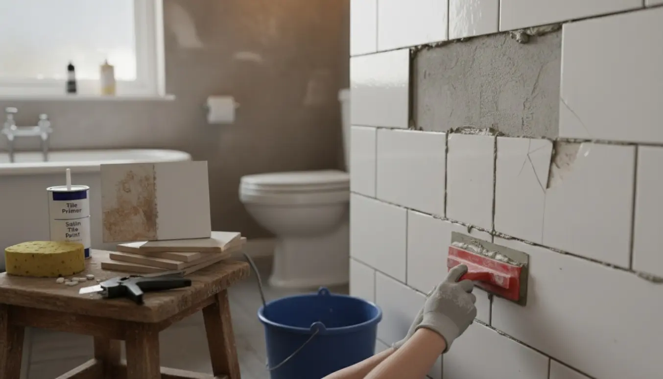 Badeværelse under renovering med manglende og revnede fliser samt værktøj til fugning og maling.