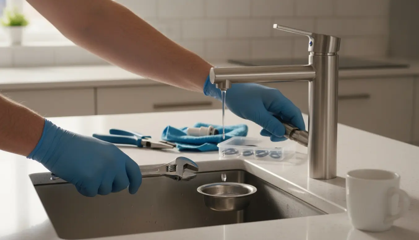 Nærbillede af en moderne kogende vandhane, der drypper, mens hænder holder en skiftenøgle og reservedele ved køkkenvasken.