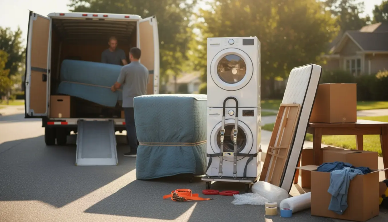 Flyttefolk læsser sofa, kummefryser, vaskemaskine, tørretumbler og kasser ind i en flyttebil på en solrig forstadsgade.