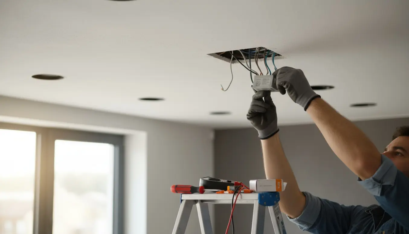 Hænder udskifter en defekt transformer til indbygningsspots i et loft.