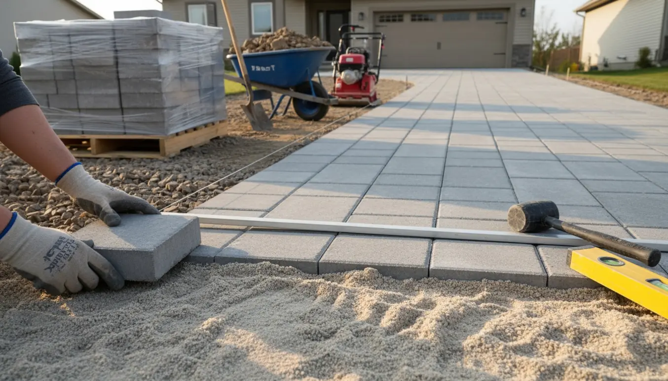 Halvfærdig indkørsel med nye modulfliser, bunker af gamle sten og værktøj i naturligt morgenlys.