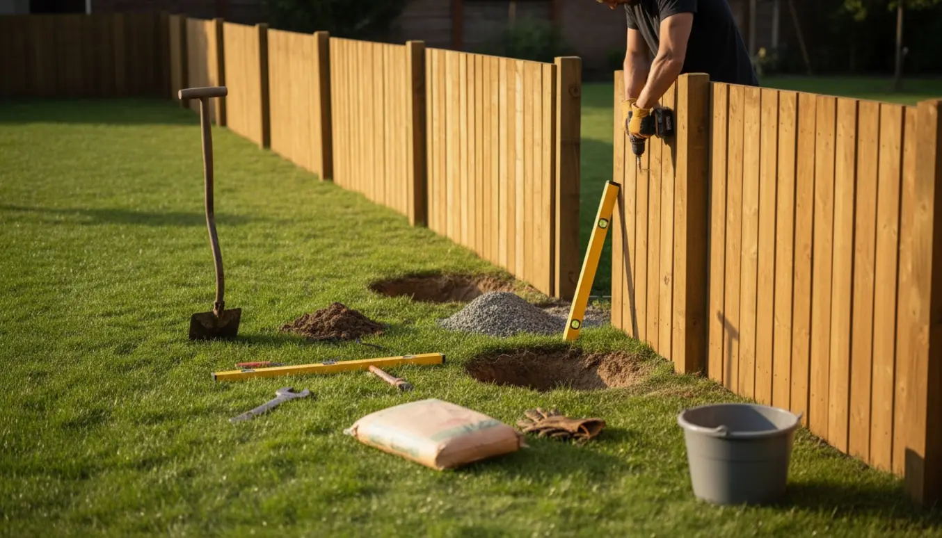 Udskiftning af havehegn med nye træpaneler og stolper, værktøj og hænder i arbejde.
