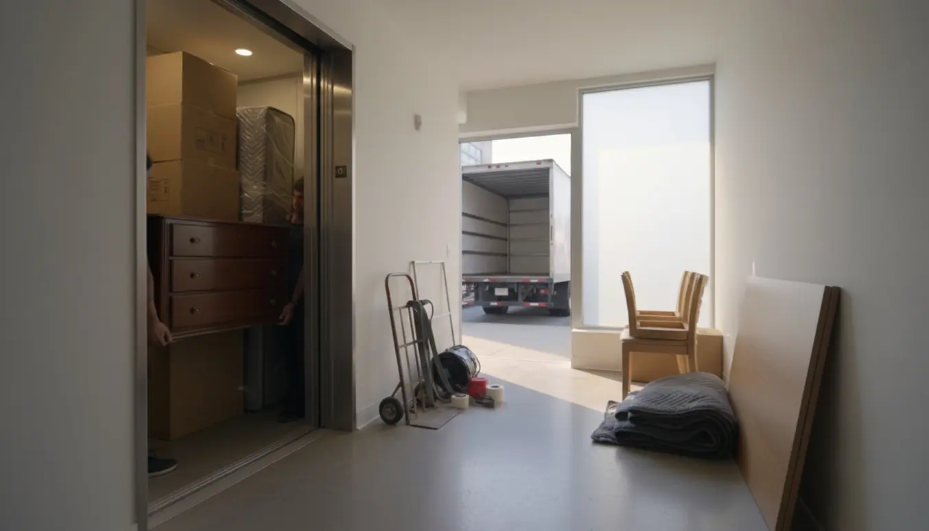Flyttefolk bærer møbler og papkasser gennem en åben elevator ud mod en ventende flyttevogn.