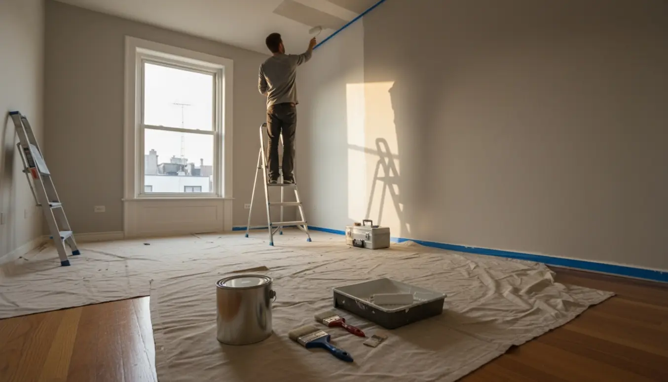 Lejlighed med en maler på en stige, malerulle, åben malerbøtte og afdækning, mens loft og vægge bliver malet.